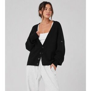 Alo Yoga Scholar Ribbed Knit V-Neck Cardigan Black Oversized Boxy M3227R M